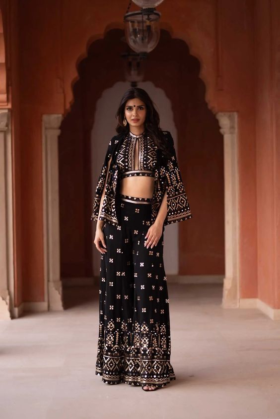 Black Georgette sequin & mirror Embroided sharara set